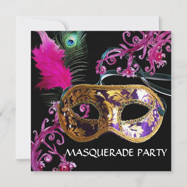 GULD LILA FEATHER DAMASK MASK MasqueraParty Inbjudningar (Framsida)
