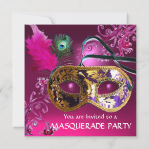 GULD LILA FEATHER DAMASK MASK MasqueraParty Inbjudningar