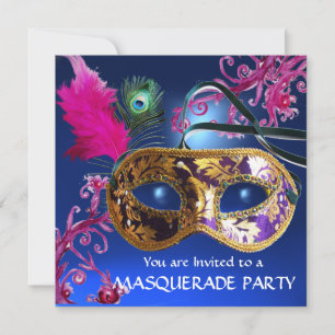 GULD LILA FEATHER DAMASK MASK MasqueraParty Inbjudningar