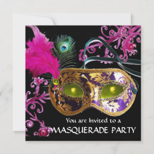 GULD LILA FEATHER DAMASK MASK MasqueraParty Inbjudningar