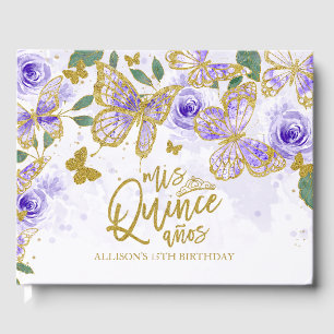 Guld Lila Fjäril Blommig Quinceanera Gästböcker