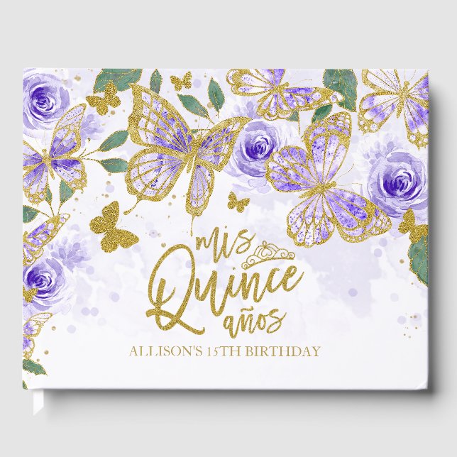 Guld Lila Fjäril Blommig Quinceanera Gästböcker (Framsida)