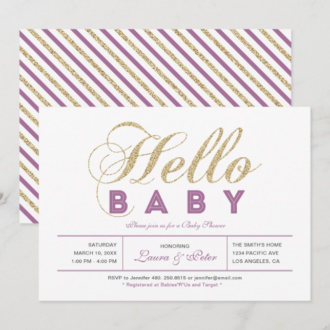 Guld, Lila | Flicka, Modern Typografi Baby Shower Inbjudningar (Fram/baksida)