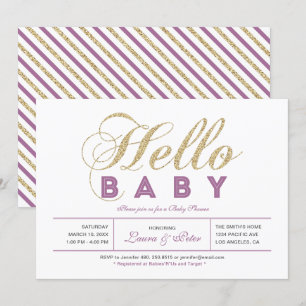 Guld, Lila Flicka, Modern Typografi Baby Shower Inbjudningar