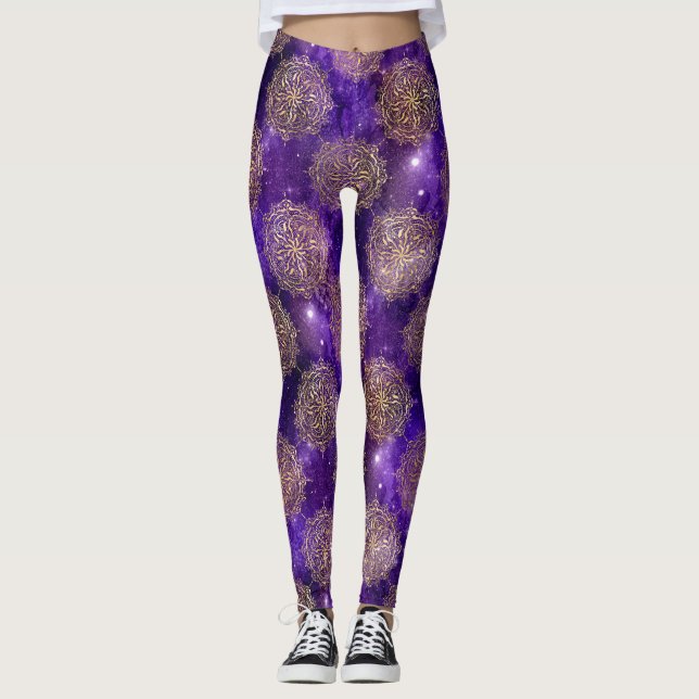 Guld & Lila Galax Dharma Mandala Mönster Leggings (Framsida)
