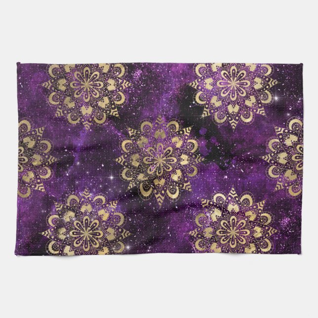 Guld & Lila Galaxy Dharma Mandala Mönster Kökshandduk (Horisontell)