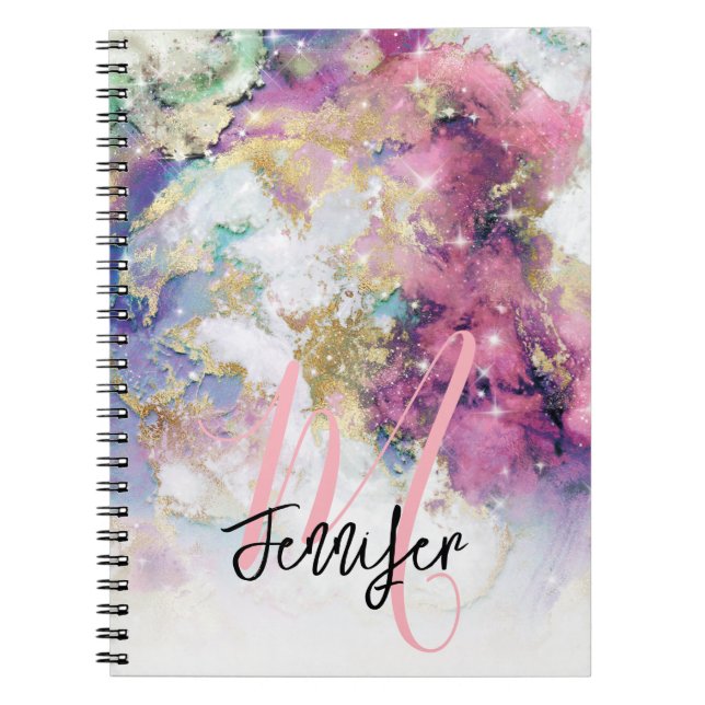 Guld Lila Galaxy Space Monogram Anpassningsbar Anteckningsbok (Framsidan)