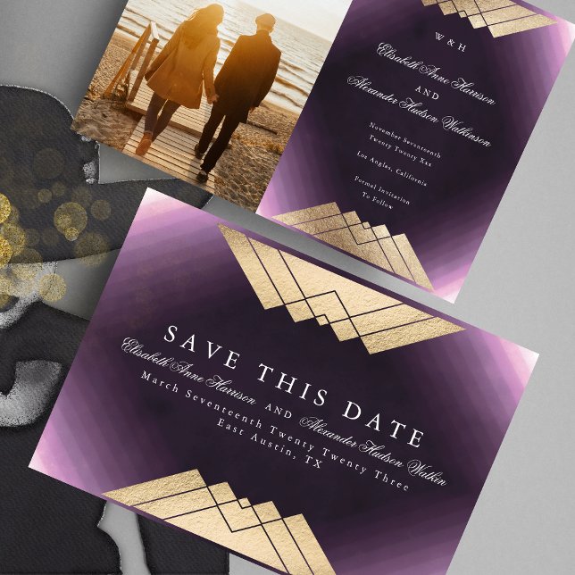 Guld Lila Geometric Gatsby Foil Save Date Meddelande (Skapare uppladdad)
