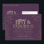 Guld lila glitter 50 och fantastisk födelsedagsfes<br><div class="desc">Guld lila glitter,  effekt 50 och fantastiska födelsedagsfest inbjudan. Modern text,  monokrom design. En del av en samling.</div>