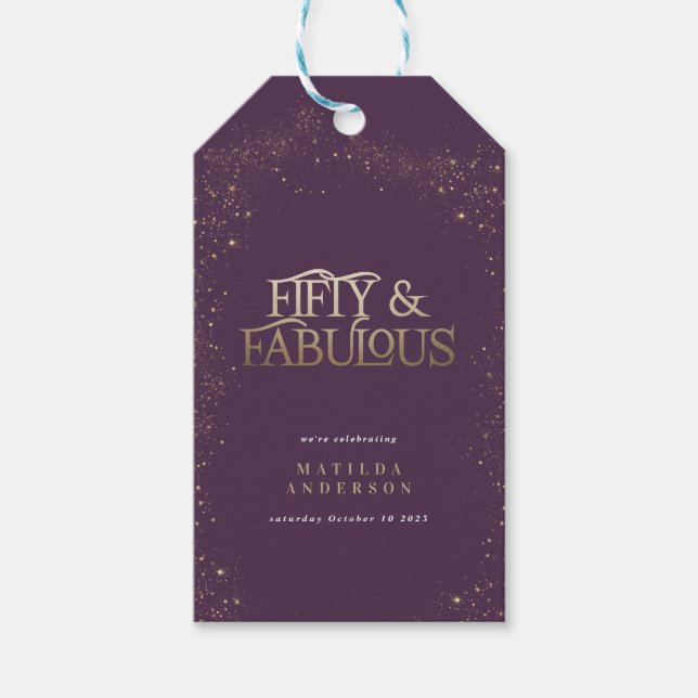 Guld lila glitter 50 och fantastisk födelsedagsfes presentetikett (Framsidan)
