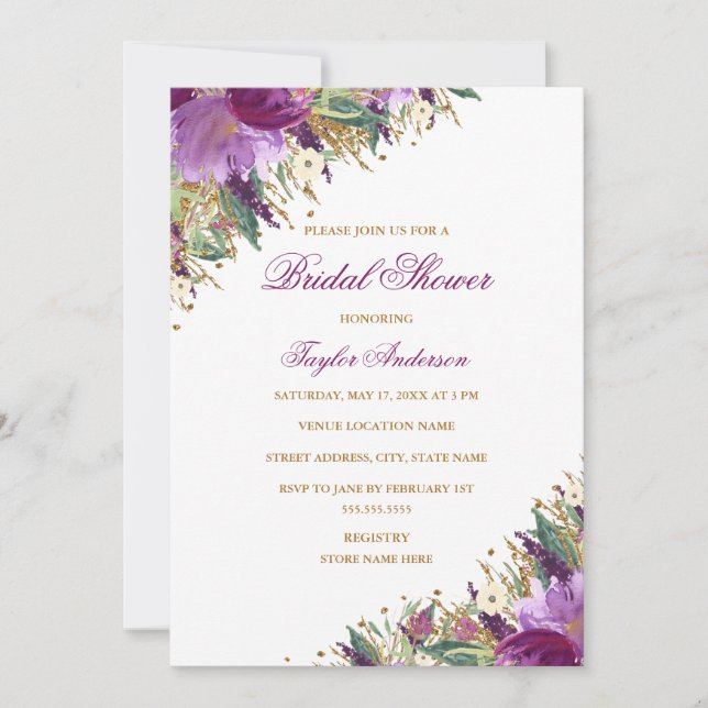 Guld Lila Glitter Amethyst Blommig Bröllopsfest Inbjudningar (Framsida)