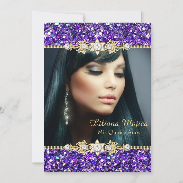 Guld Lila Glitter & Juvel Båge Quinceanera Inbjudningar (Framsida)