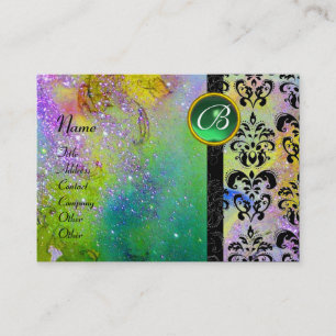 GULD LILA GNISTRANDE DAMASK MONOGRAM grön gul Visitkort