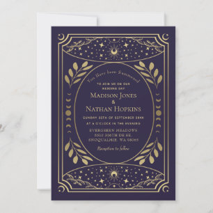 Guld Lila Gotisk Vintage Tarot Bröllop QR-kod Inbjudningar