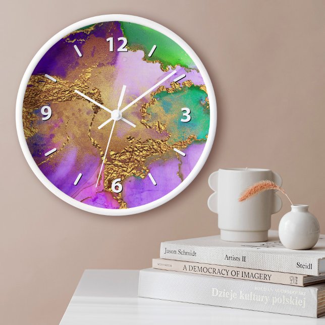 Guld lila grön akva chic glam agat akvarell stor klocka (Choose from round, square & wood frame options!)