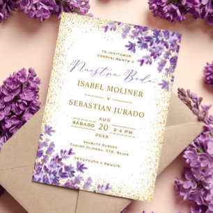 Guld Lila Lavender Nuestra Boda Spanska Bröllop Inbjudningar