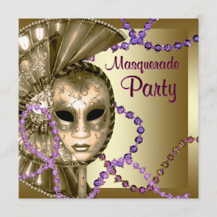 Guld Lila Mardi Gras-pärlor Maskeradfest Inbjudningar