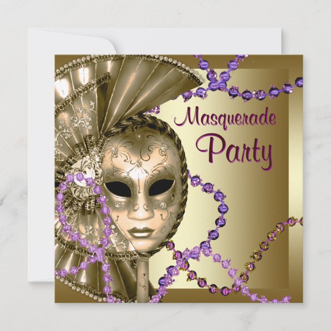 Guld Lila Mardi Gras Pärlor MasqueraParty Inbjudningar (Framsida)
