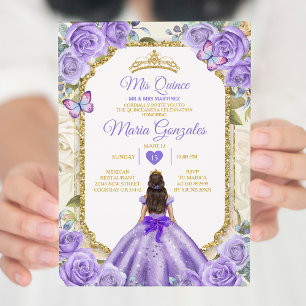 Guld Lila Mis Quince Lavender 15 Anos Krona Inbjudningar