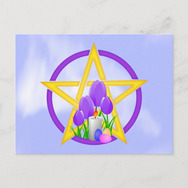 Guld & Lila Ostara Pentagram med Tulips Vykort (Framsida)