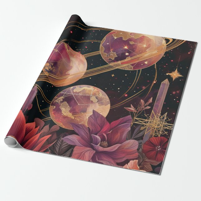 Guld Lila Ringad Planet Himmelsträdgård Presentpapper (Utrullad)