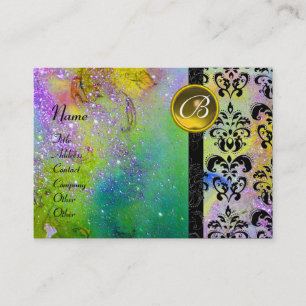 GULD LILA SPARKLING DAMASK MONOGRAM grönt gult Visitkort