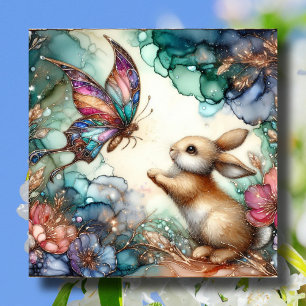 Guld Lila Stached Glass Bunny Butterfly Påsk Julkort