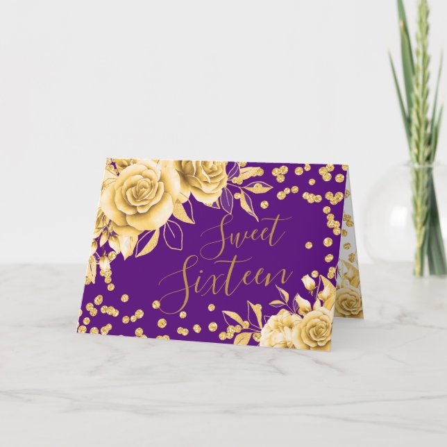 Guld Lila Sweet 16 Glitter Konfetti Blommigt Helgkort (Framsida)