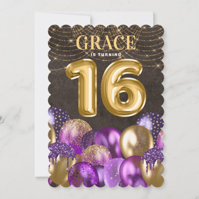Guld Lila Sweet sixteen Birthday Inbjudningar (Framsida)