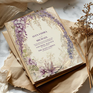 Guld Lila Vintage Blommigt Bröllop Inbjudningar