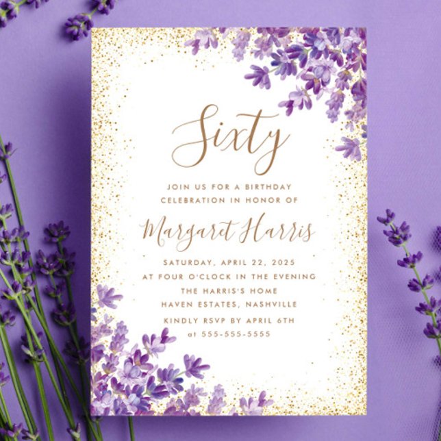 Guld Lila Violet Lavender 60:e födelsedag Inbjudningar (Skapare uppladdad)