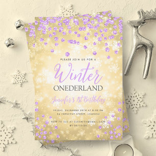 Guld Lila Winter ONEDERLAND 1:a födelsedag Inbjudningar