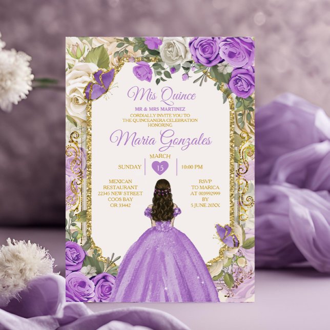 Guld Lilac Mis Quince 15 Anos Quinceañera Krona Inbjudningar (Skapare uppladdad)