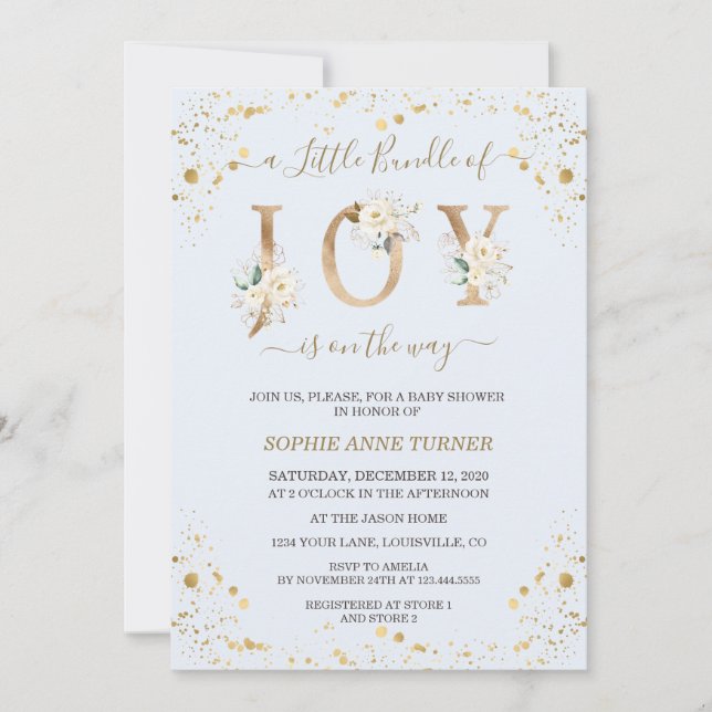 Guld lilla paket med joy White Blommigt Baby Showe Inbjudningar (Framsida)