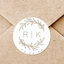 Guld Linje Konst Botanisk Krans Bröllop Monogram Runt Klistermärke