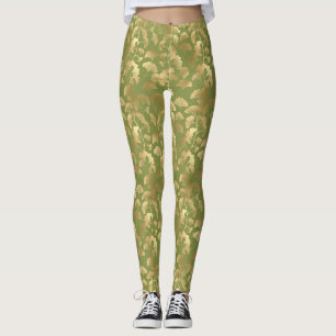 Guld Linje Konst Ginkgo Blad Smaragd Botanisk Leggings