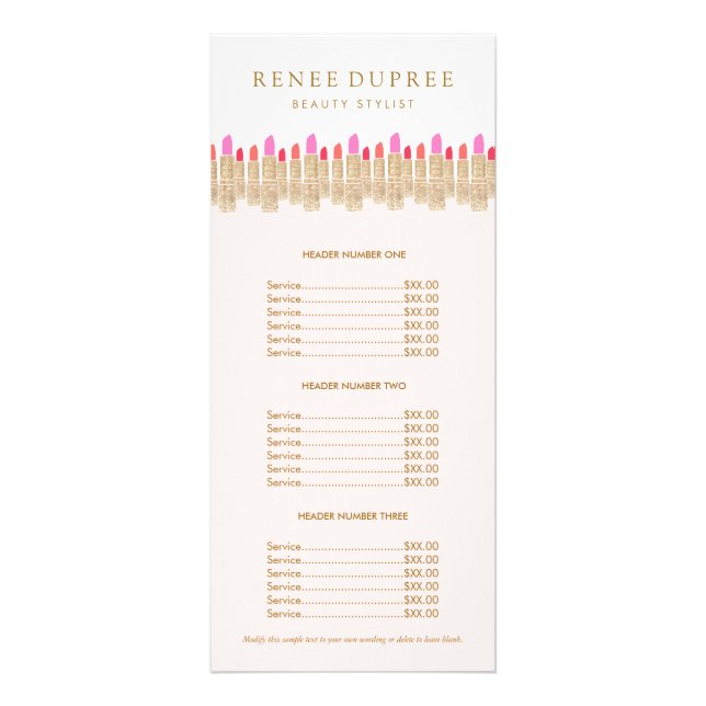 Guld Lipstick Rosa Makeup Artist Service Menu Reklamkort (Framsidan)