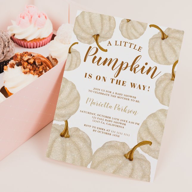 Guld Little pumpkin-skammusslor Inbjudningar (Gold Little pumpkin fall script baby shower Invitation)