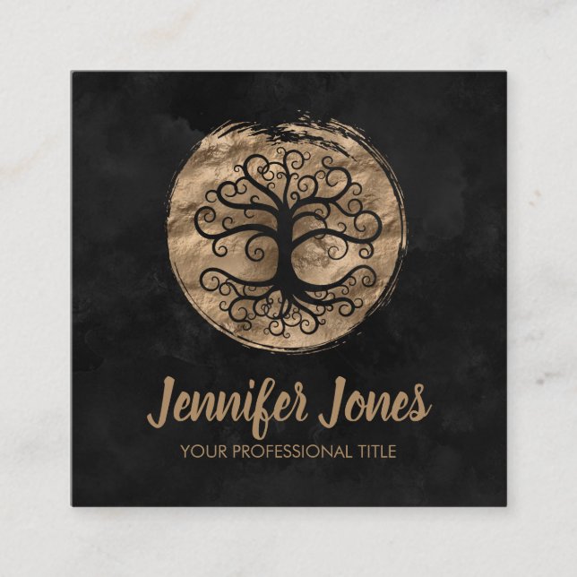 Guld- livets träd - på svart vattenfärg fyrkantigt visitkort (Framsida)