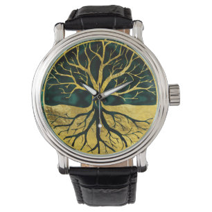 Guld- livets träd Yggdrasil på Malachite Armbandsur