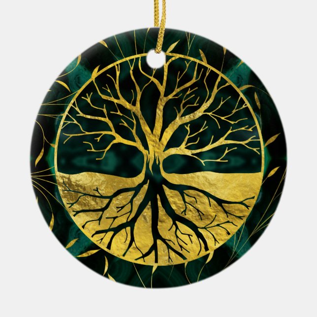 Guld- livets träd Yggdrasil på Malachite Julgransprydnad Keramik (Framsidan)