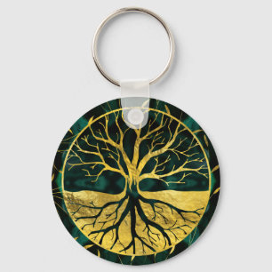 Guld- livets träd Yggdrasil på Malachite Nyckelring