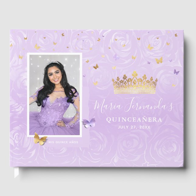 Guld Ljus Lila Ros Elegant Foto Quinceanera Gästböcker (Framsida)