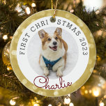 Guld Ljus Pets första julfoto Julgransprydnad Keramik<br><div class="desc">Det anpassningsbar-designade husdjurets första prydnadsföremål för julfoto med anpassningsbarnas foto och namn på guld julbakgrunden i ljus.</div>