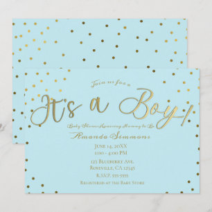 Guld & Ljusblå Modern Det är en pojke Baby Shower Inbjudningar