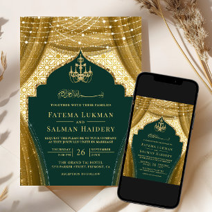 Guld Ljuskrona Gardin Smaragd Muslimsk Bröllop Inbjudningar