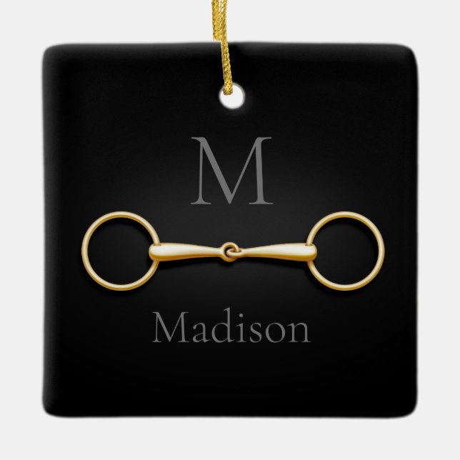 Guld Loose Ring Snaffle Bit Monogrammed Equestrian Julgransprydnad Keramik (Framsida)