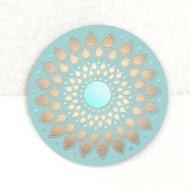 Guld Lotus Blommigt Mandala Teal Blue Runt Klistermärke