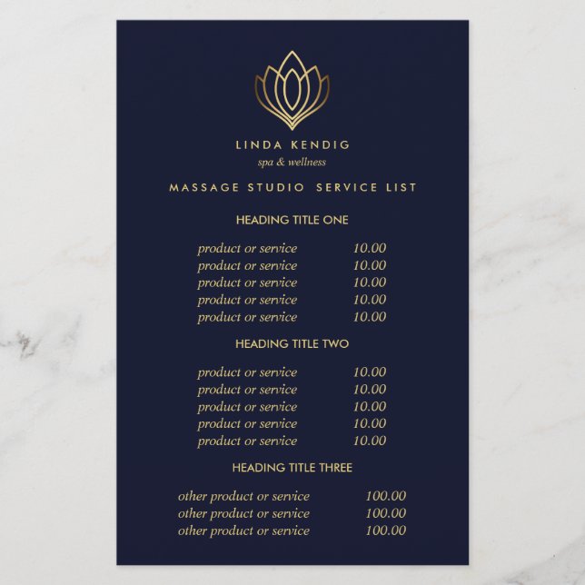 Guld Lotus Blue Spa & Massage Pricing & Services Flygblad (Framsidan)