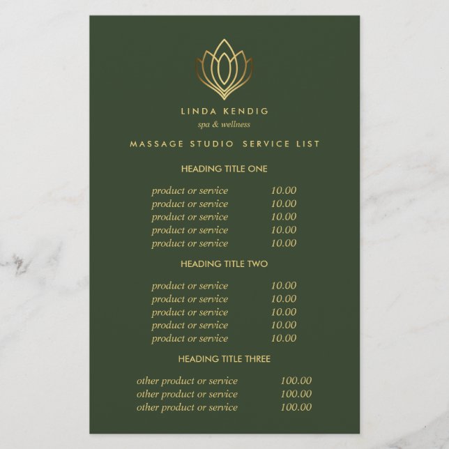 Guld Lotus Grönt Spa & Massage Pricing & Services Flygblad (Framsidan)